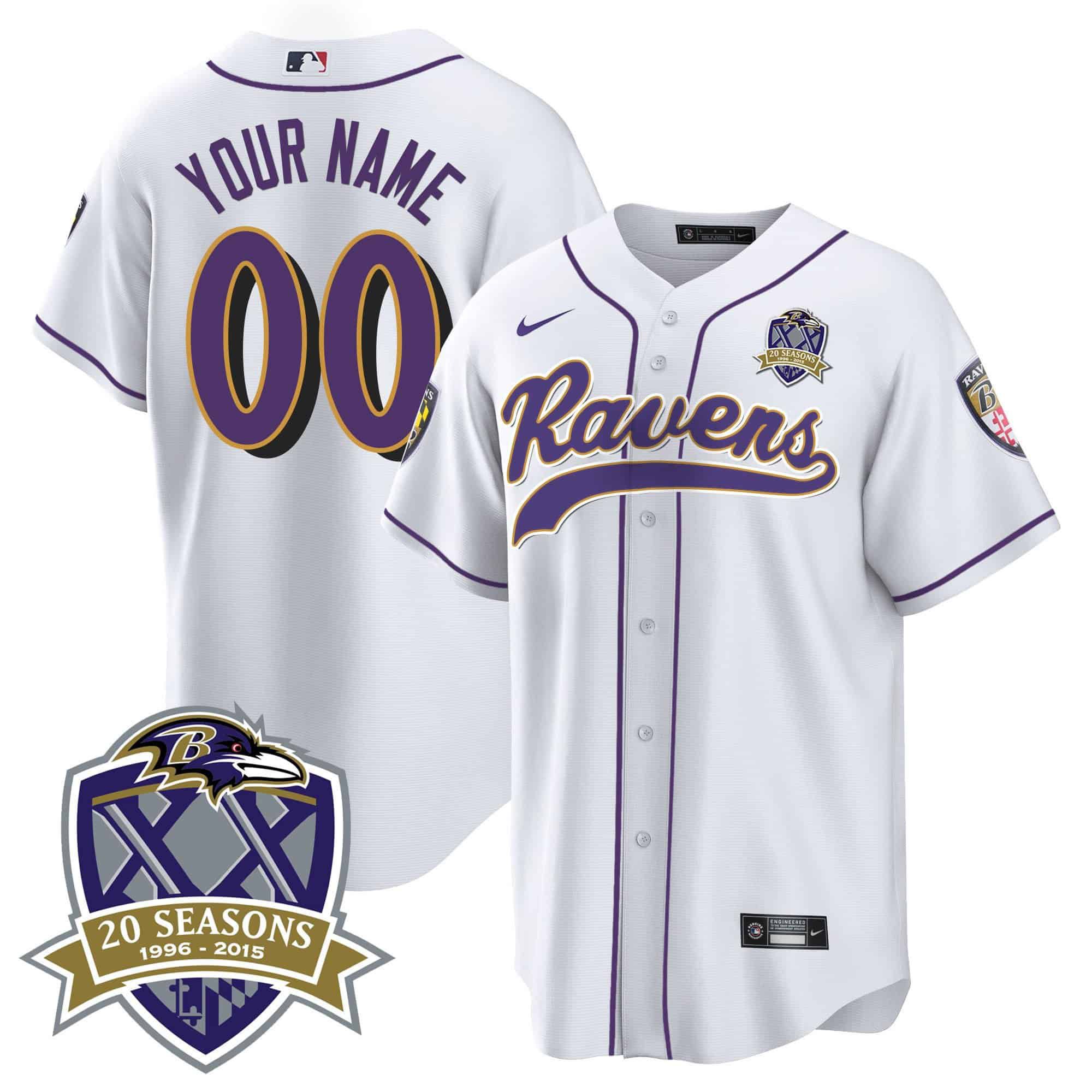 Men Baltimore Ravens White 2024 Nike 20th Season Patch Baseball Custom NFL Jersey